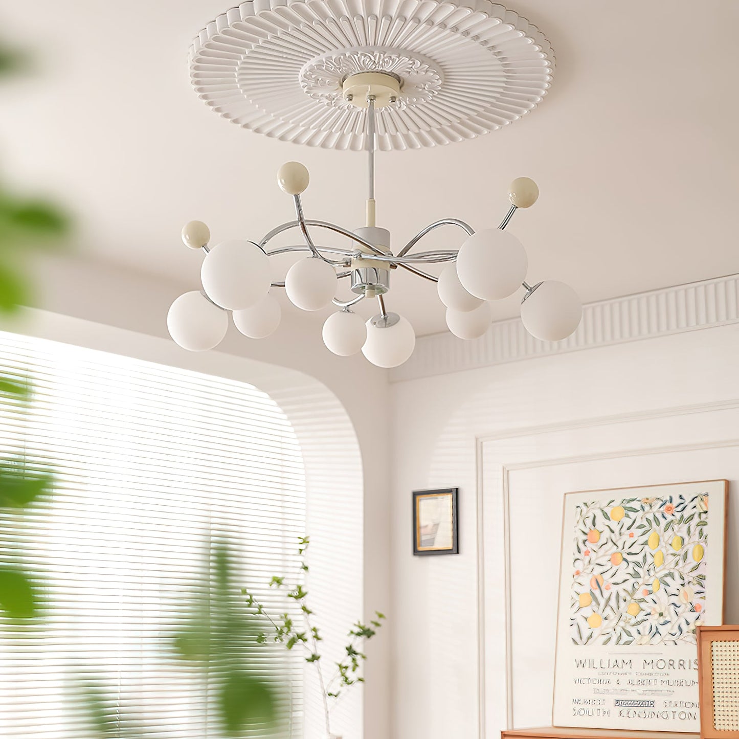 Juliette Chandelier, Modern Floating Frosted Orbs with Sleek Metallic Frame