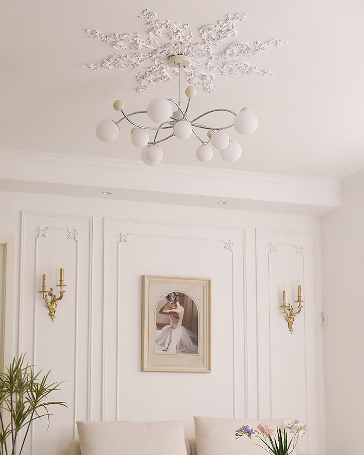 Juliette Chandelier, Modern Floating Frosted Orbs with Sleek Metallic Frame
