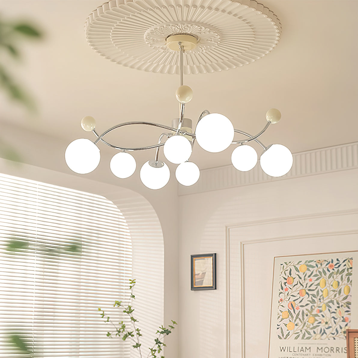 Juliette Chandelier, Modern Floating Frosted Orbs with Sleek Metallic Frame