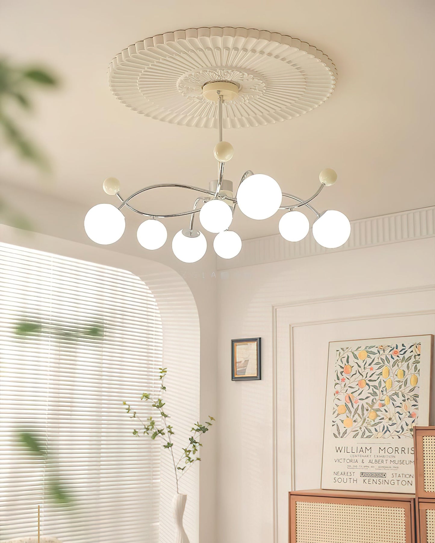 Juliette Chandelier, Modern Floating Frosted Orbs with Sleek Metallic Frame