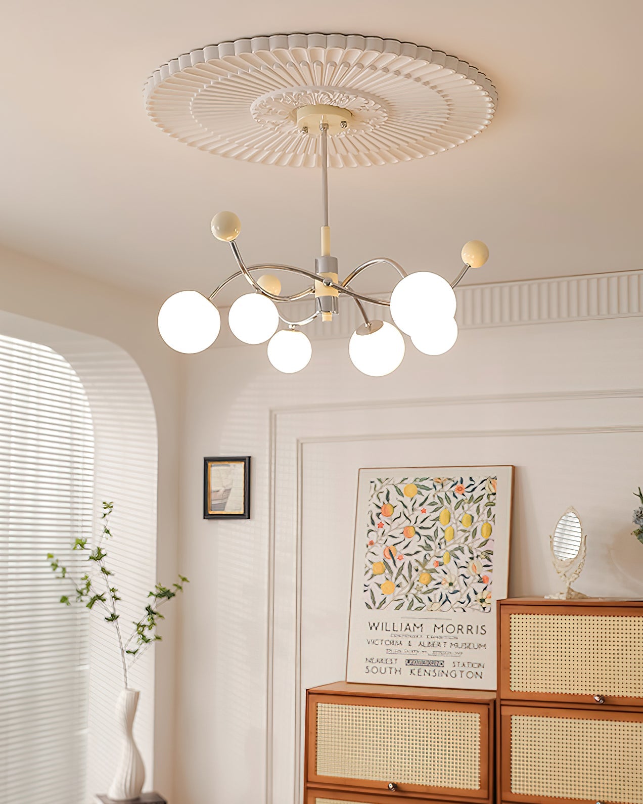 Juliette Chandelier, Modern Floating Frosted Orbs with Sleek Metallic Frame