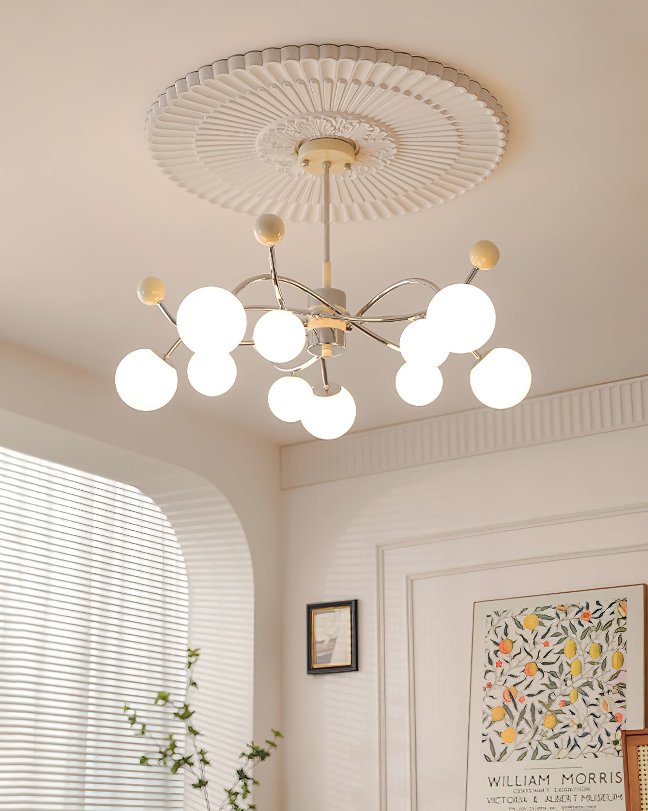 Juliette Chandelier, Modern Floating Frosted Orbs with Sleek Metallic Frame