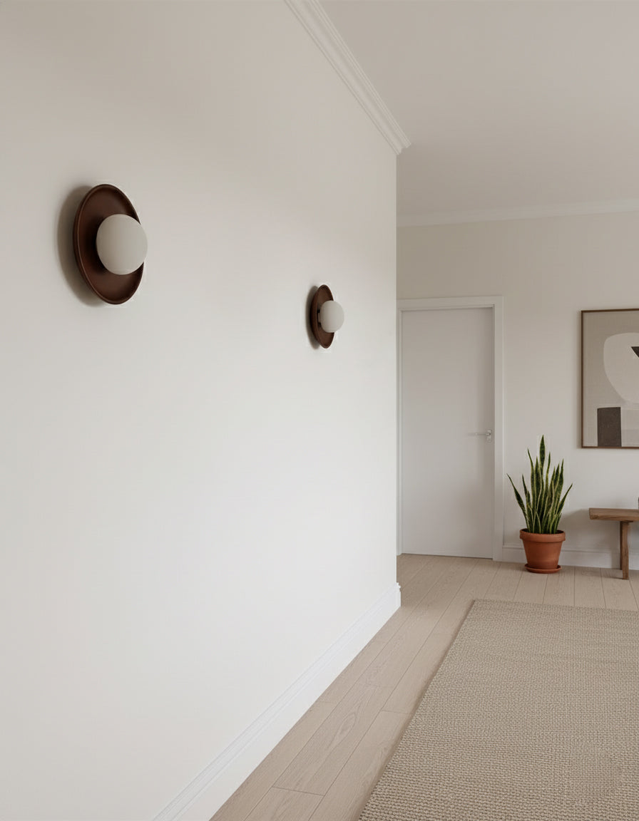 Sophie Dura Round Wall Lamp – Modern Wood & Glass Indoor Lighting