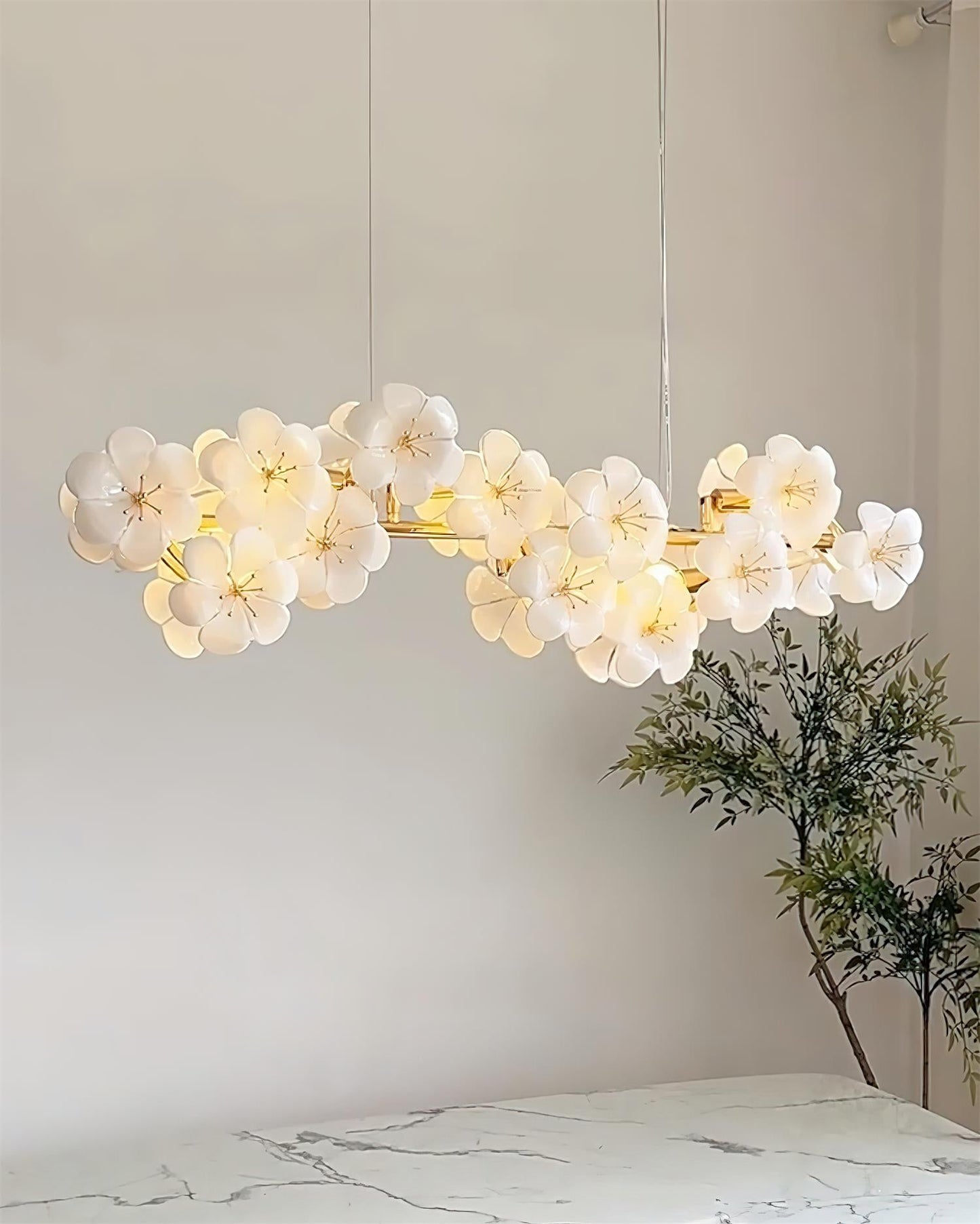 Léonie Flowers Chandelier, Delicate Glass Blooms with Golden Stems