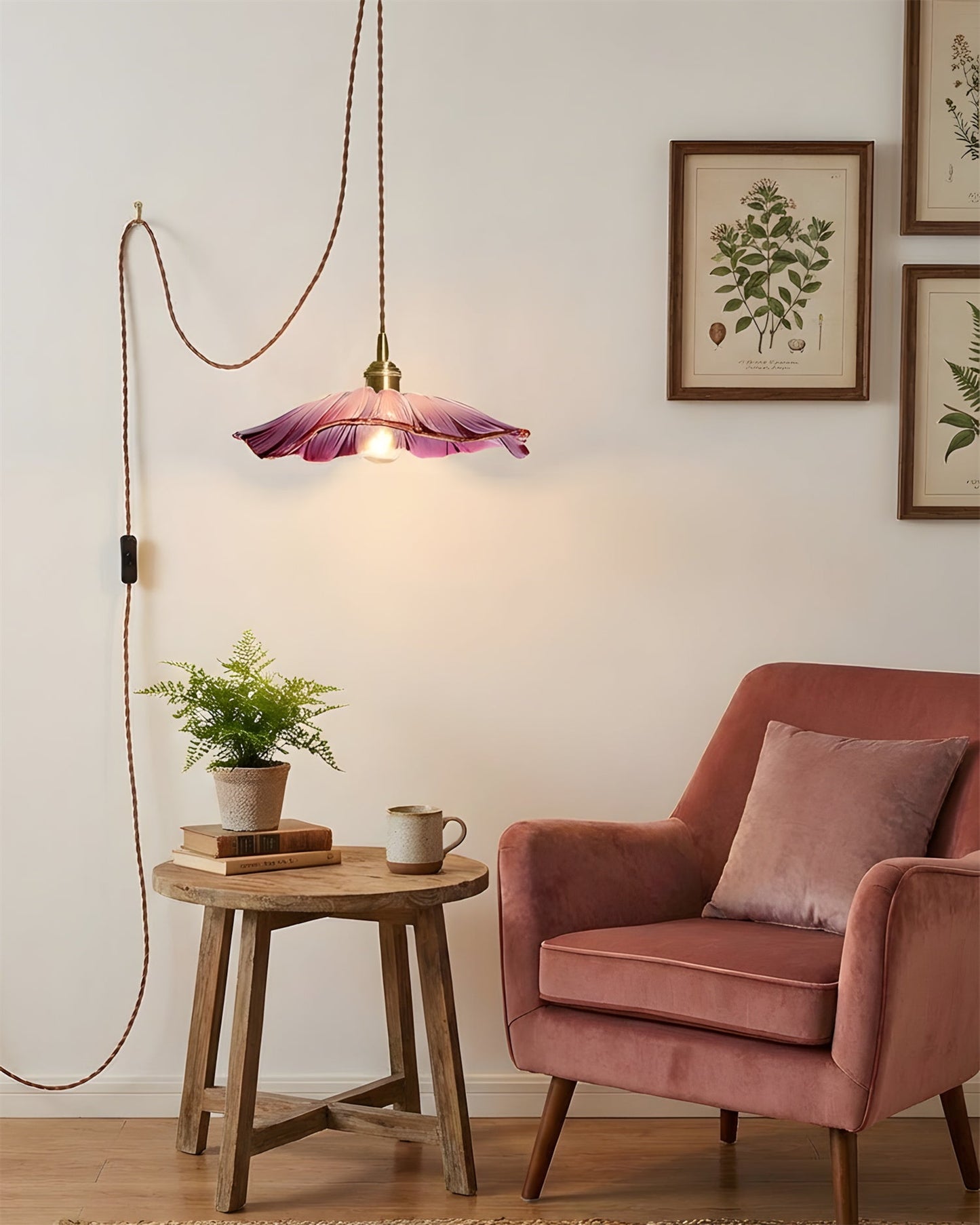 Élodie Flower Pendant Lamp, Glass Shade with Plug-In Design