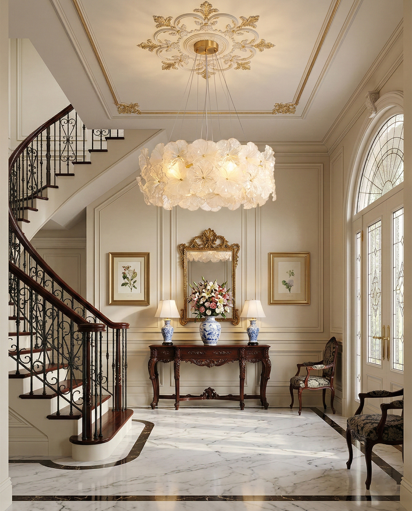 Élodie Floral Chandelier, Textured Glass Petals with Brass Frame