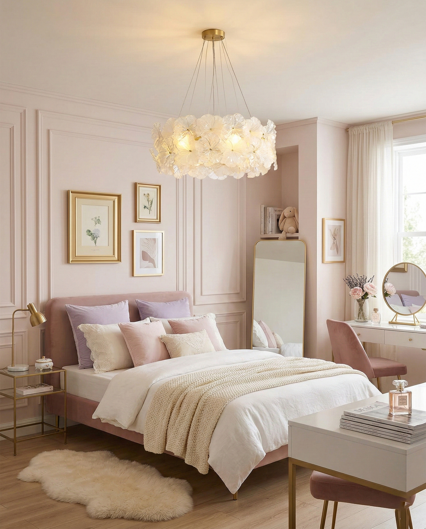 Élodie Floral Chandelier, Textured Glass Petals with Brass Frame
