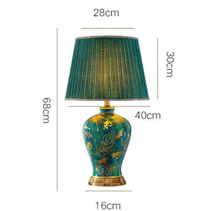 Retro Green Ceramic Table Lamp with Fabric Shade for Bedroom Living Room