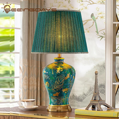 Retro Green Ceramic Table Lamp with Fabric Shade for Bedroom Living Room