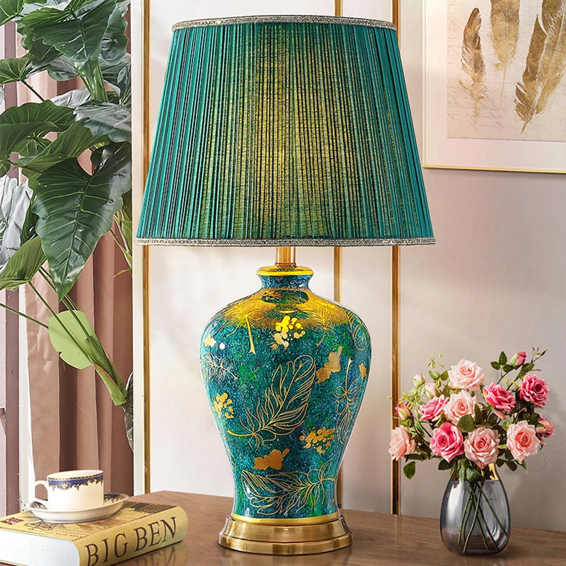 Retro Green Ceramic Table Lamp with Fabric Shade for Bedroom Living Room