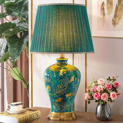 Retro Green Ceramic Table Lamp with Fabric Shade for Bedroom Living Room