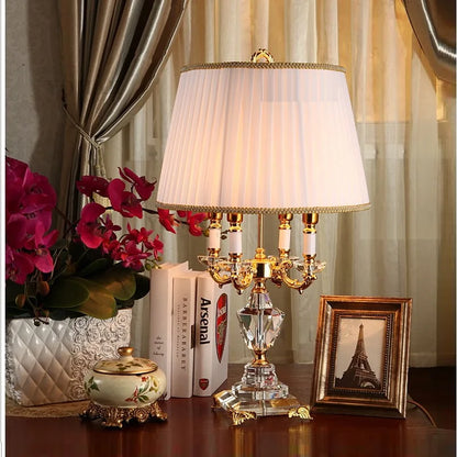 Luxury Crystal LED Table Lamp with Fabric Shade for Bedroom and Hotel Room