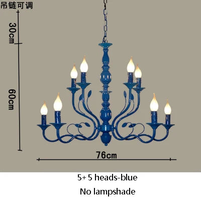 Luxury Rustic Wrought Iron Chandelier with Blue Candle LED Lights for Living Room