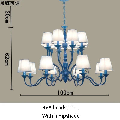 Luxury Rustic Wrought Iron Chandelier with Blue Candle LED Lights for Living Room