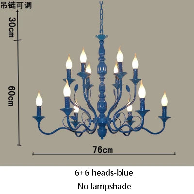 Luxury Rustic Wrought Iron Chandelier with Blue Candle LED Lights for Living Room