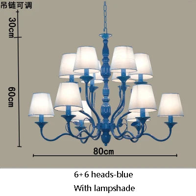 Luxury Rustic Wrought Iron Chandelier with Blue Candle LED Lights for Living Room