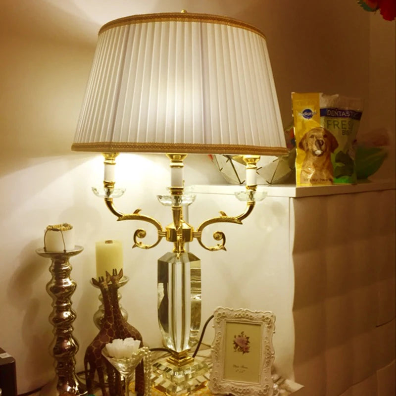 Luxury Crystal LED Table Lamp with Fabric Shade for Bedroom and Living Room