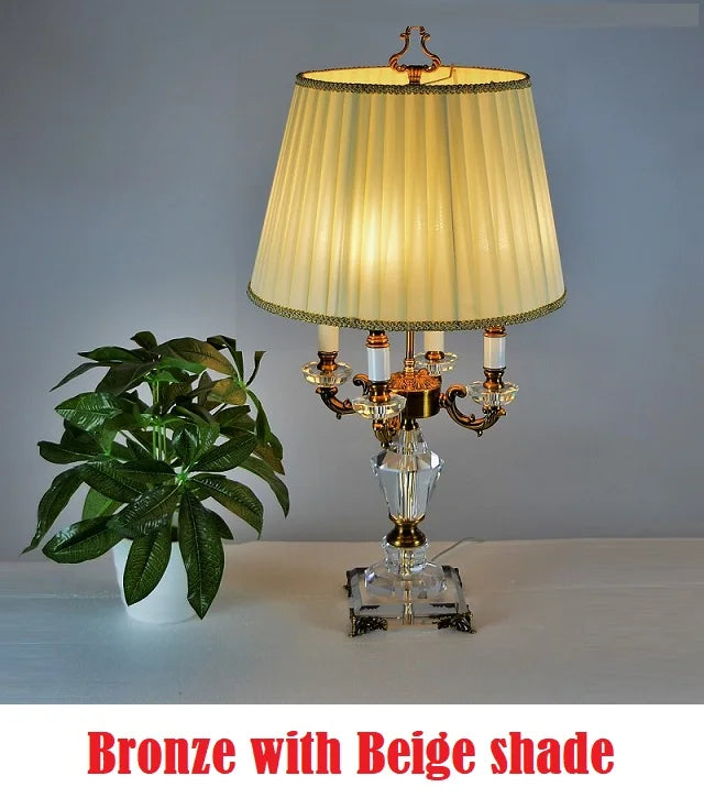 Luxury Crystal LED Table Lamp with Fabric Shade for Bedroom and Hotel Room