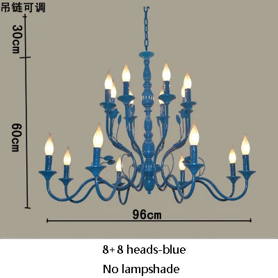 Luxury Rustic Wrought Iron Chandelier with Blue Candle LED Lights for Living Room