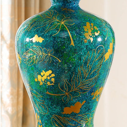 Retro Green Ceramic Table Lamp with Fabric Shade for Bedroom Living Room