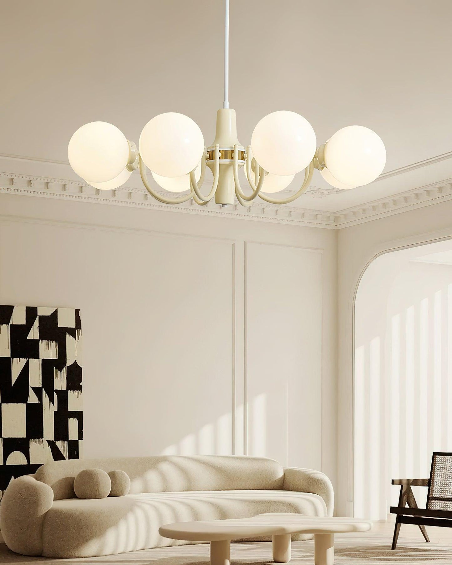 Élodie Glass Chandelier, Elegant Cream and White Globe Design