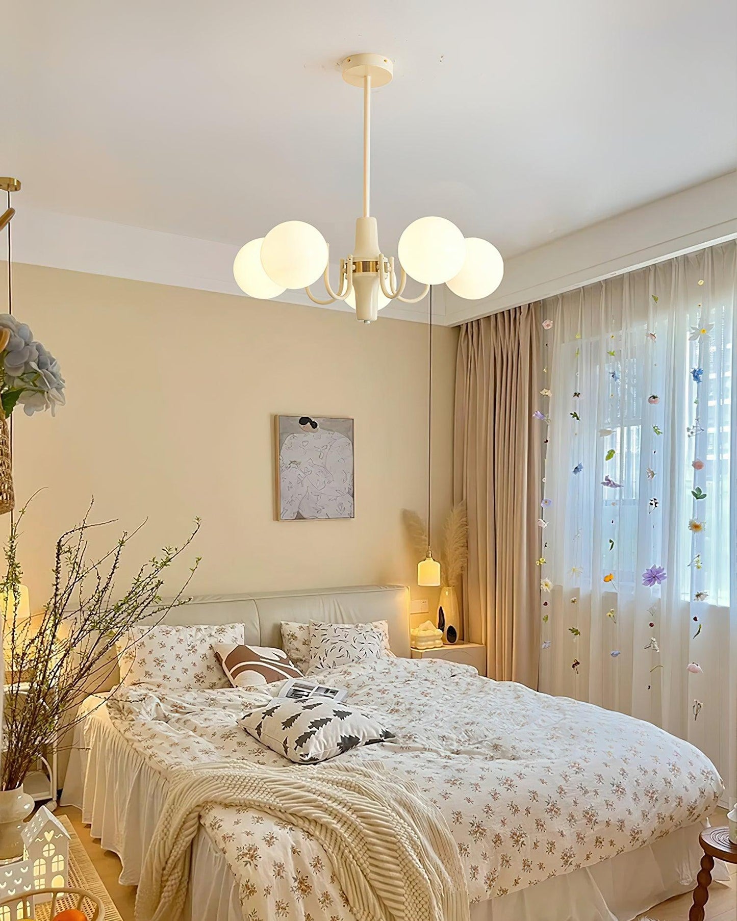 Élodie Glass Chandelier, Elegant Cream and White Globe Design