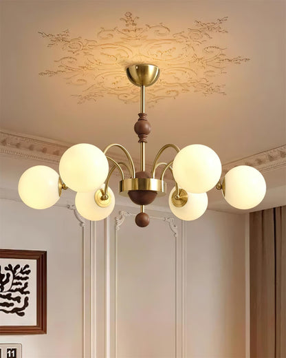 Margaux Chandelier, Opal Glass Shades with Wood and Metal Frame