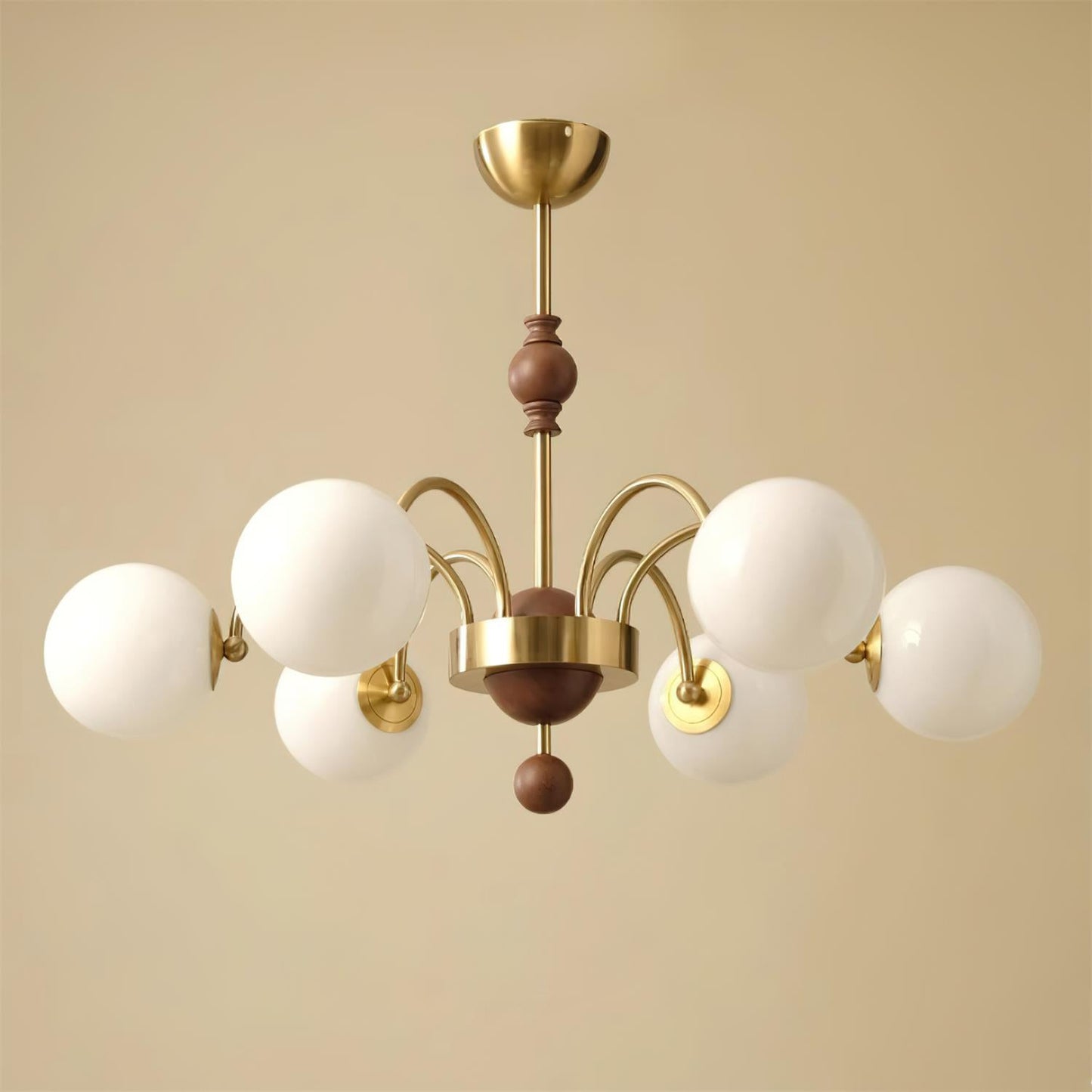 Margaux Chandelier, Opal Glass Shades with Wood and Metal Frame