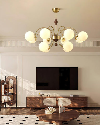 Margaux Chandelier, Opal Glass Shades with Wood and Metal Frame