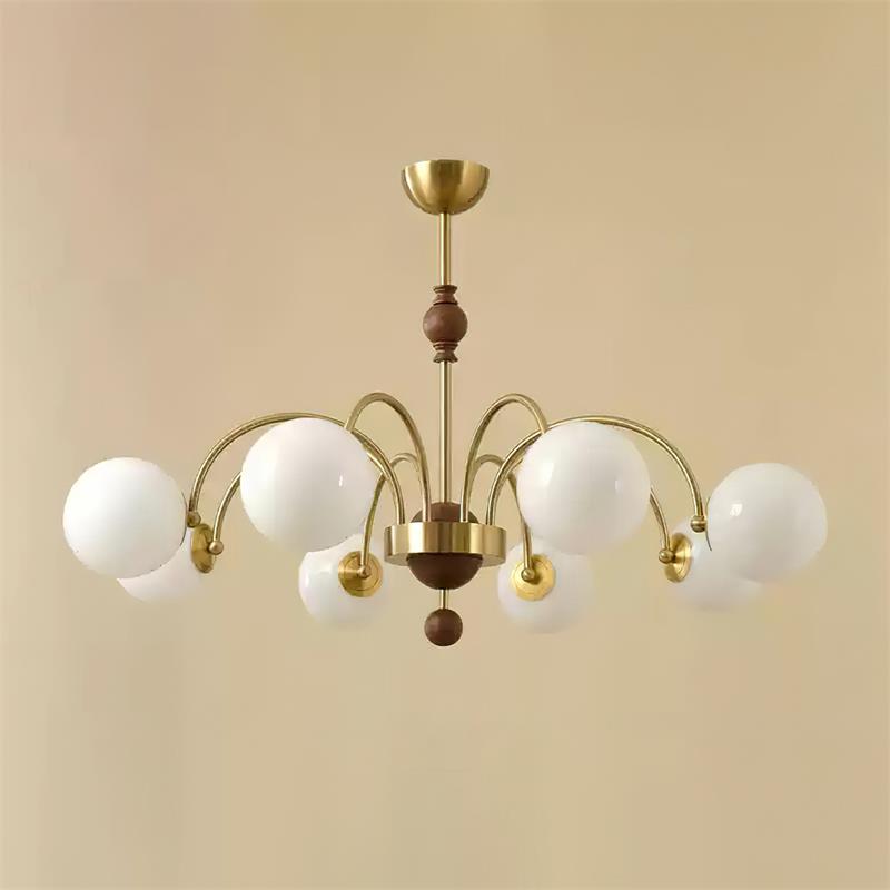 Margaux Chandelier, Opal Glass Shades with Wood and Metal Frame