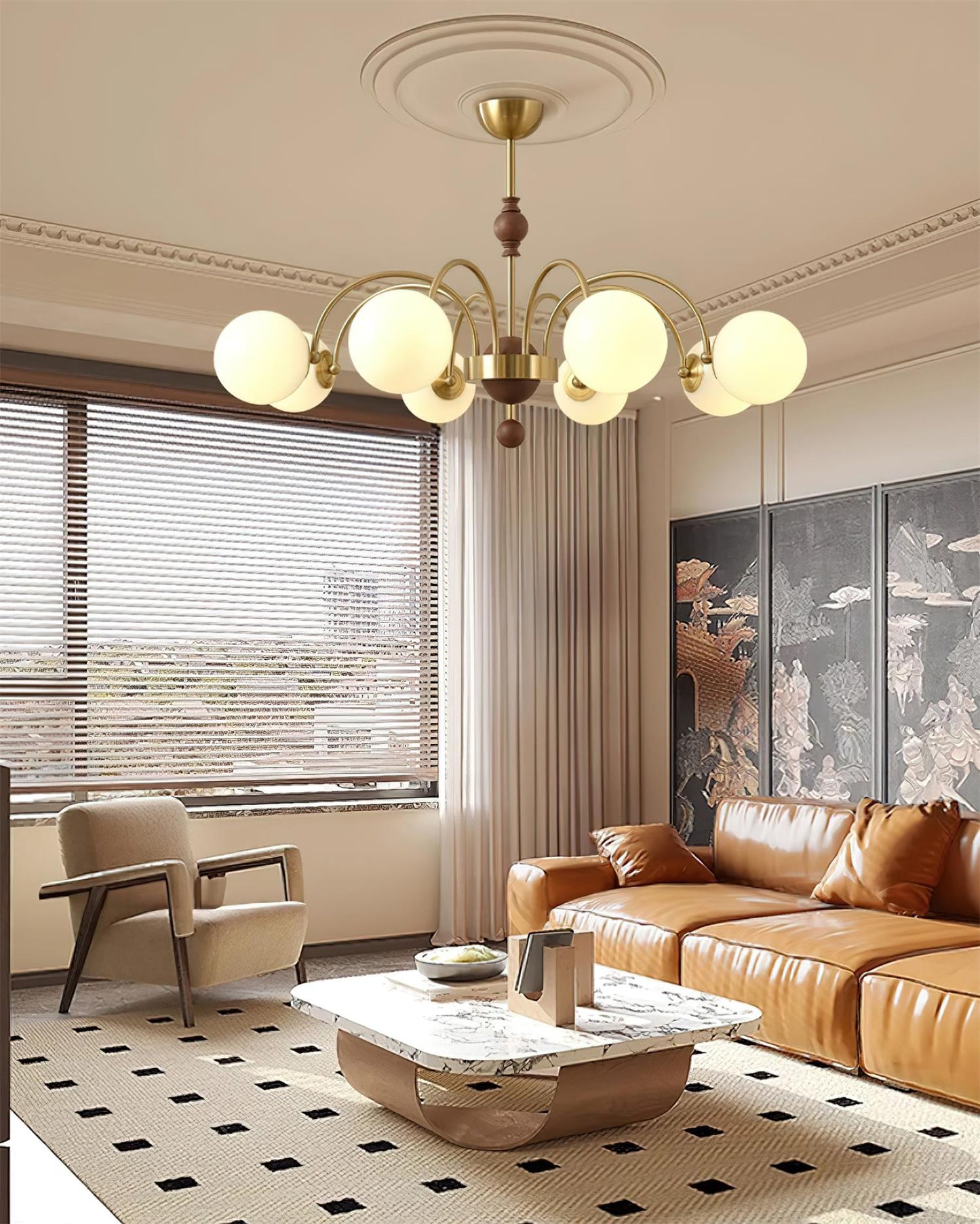 Margaux Chandelier, Opal Glass Shades with Wood and Metal Frame