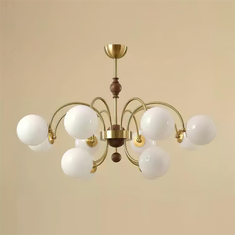 Margaux Chandelier, Opal Glass Shades with Wood and Metal Frame