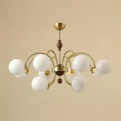 Margaux Chandelier, Opal Glass Shades with Wood and Metal Frame