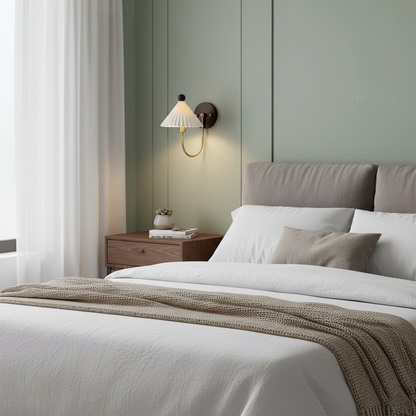 Elodie Ceramics Wall Lamp with Pleated Shade and Wood Accent