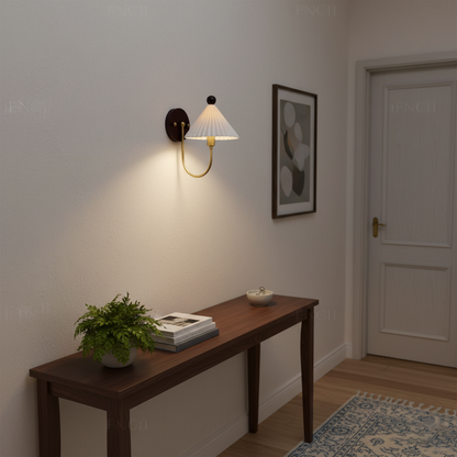 Elodie Ceramics Wall Lamp with Pleated Shade and Wood Accent