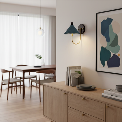 Elodie Ceramics Wall Lamp with Pleated Shade and Wood Accent