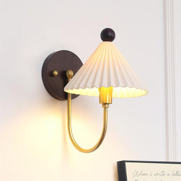 Elodie Ceramics Wall Lamp with Pleated Shade and Wood Accent