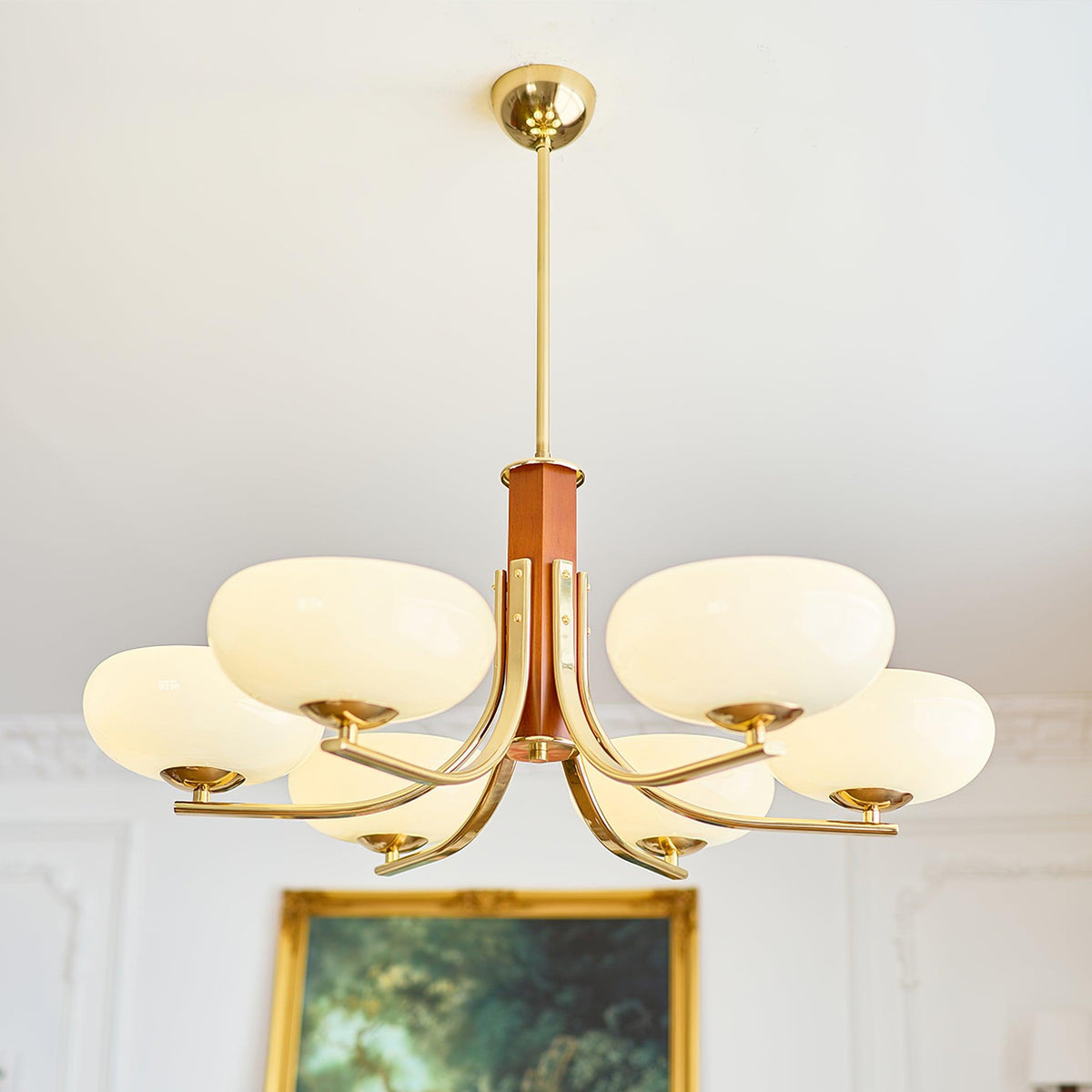Juliette Classic Chandelier, Glass Shades with Oak and Metal Frame