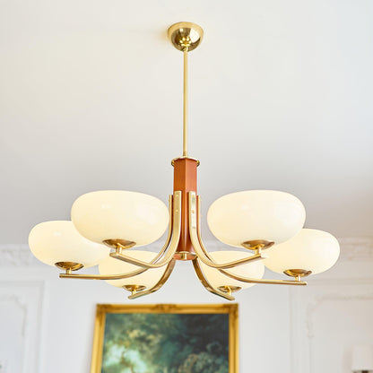 Juliette Classic Chandelier, Glass Shades with Oak and Metal Frame