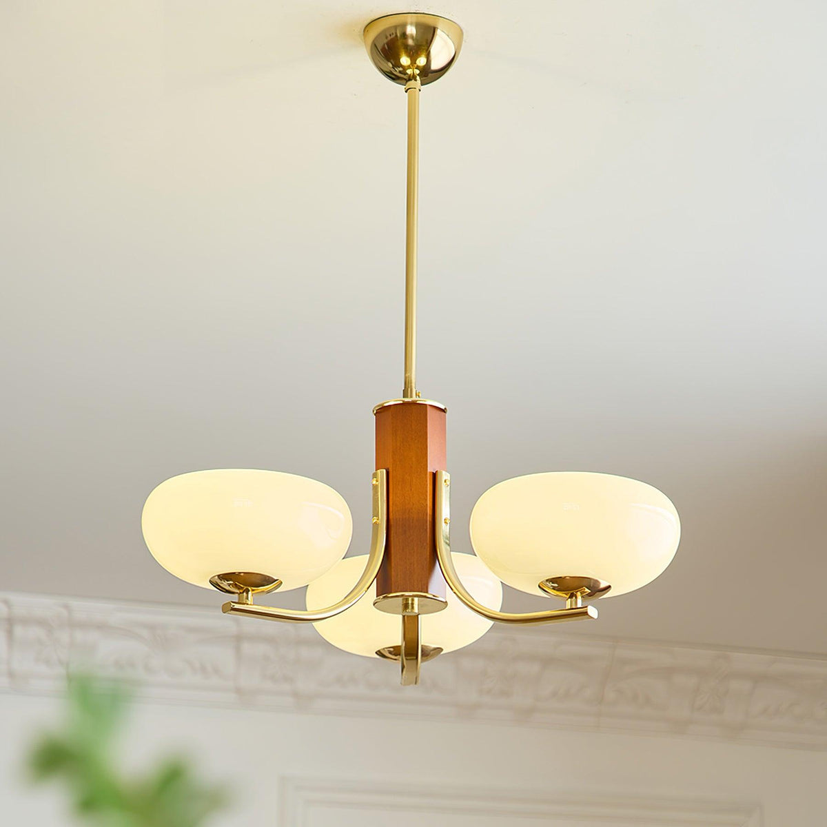 Juliette Classic Chandelier, Glass Shades with Oak and Metal Frame