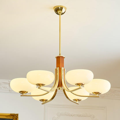 Juliette Classic Chandelier, Glass Shades with Oak and Metal Frame
