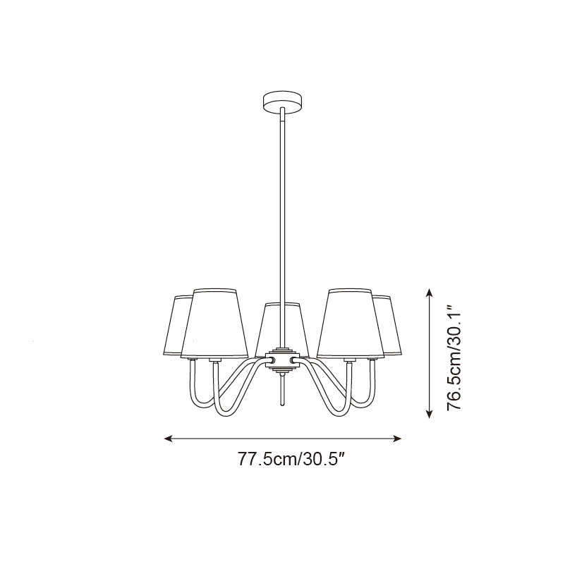Colette Brass Chandelier, Curved Arms with Fabric Shades in Warm Brass Finish