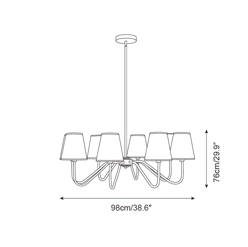 Colette Brass Chandelier, Curved Arms with Fabric Shades in Warm Brass Finish