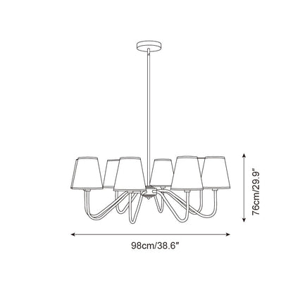 Colette Brass Chandelier, Curved Arms with Fabric Shades in Warm Brass Finish