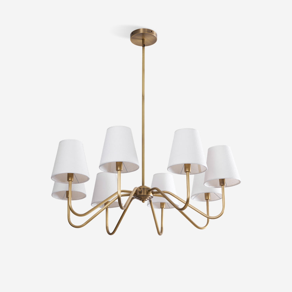 Colette Brass Chandelier, Curved Arms with Fabric Shades in Warm Brass Finish