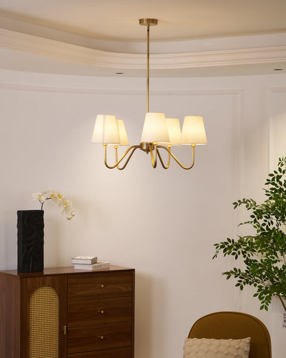 Colette Brass Chandelier, Curved Arms with Fabric Shades in Warm Brass Finish