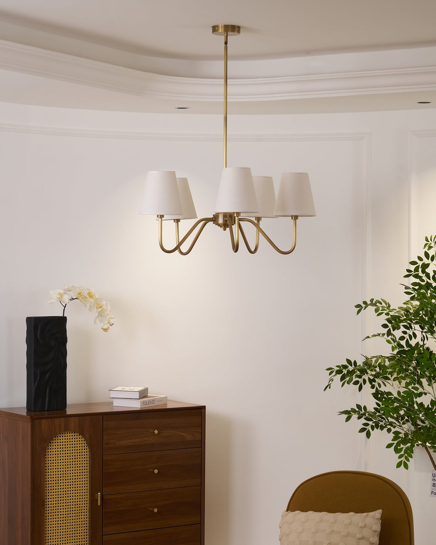 Colette Brass Chandelier, Curved Arms with Fabric Shades in Warm Brass Finish
