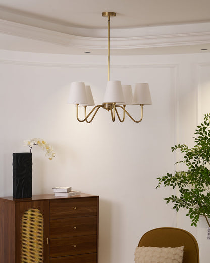 Colette Brass Chandelier, Curved Arms with Fabric Shades in Warm Brass Finish