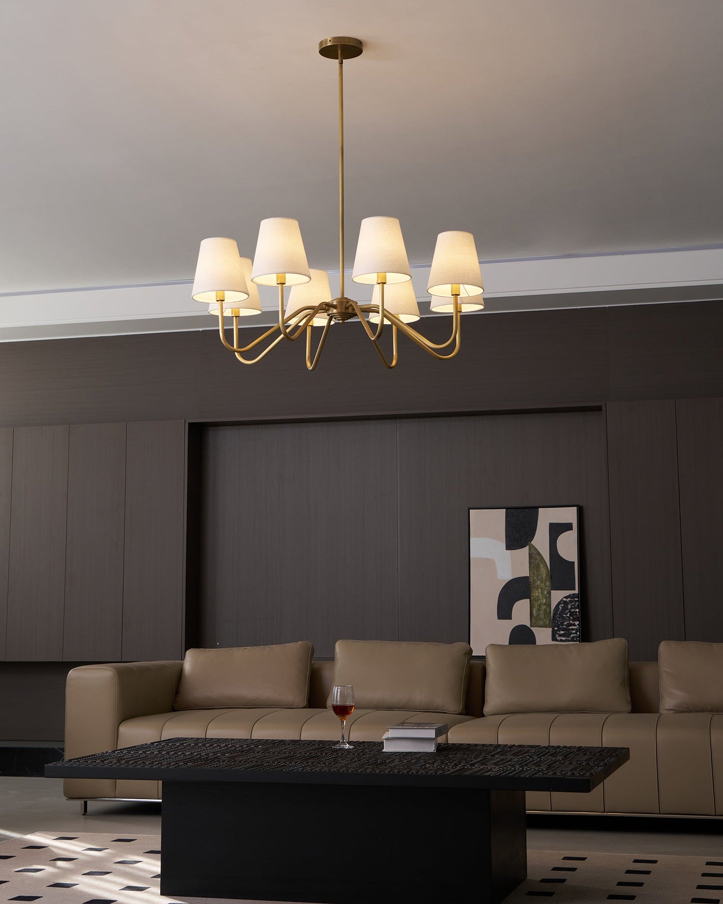Colette Brass Chandelier, Curved Arms with Fabric Shades in Warm Brass Finish