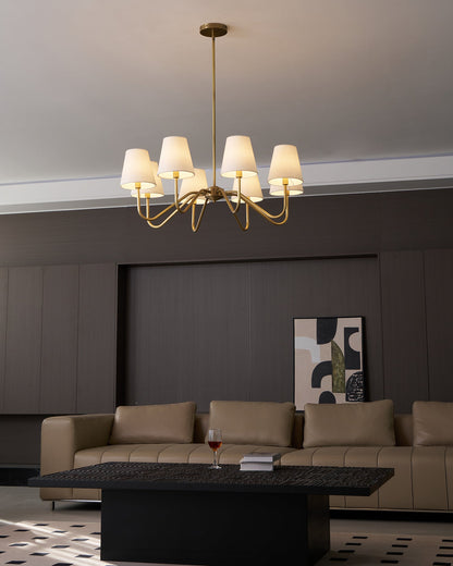 Colette Brass Chandelier, Curved Arms with Fabric Shades in Warm Brass Finish